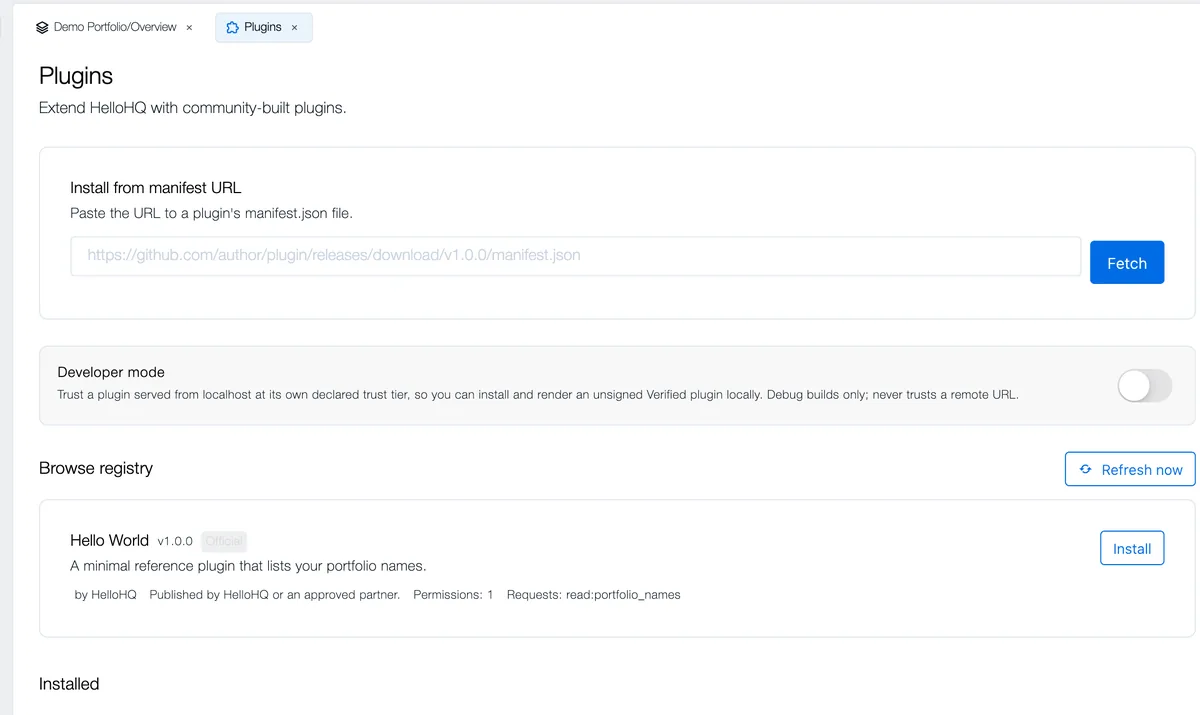 An early build of the HelloHQ plugins page