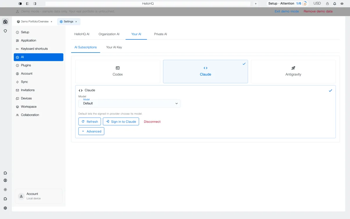 HelloHQ AI settings offering HelloHQ AI, an organisation provider, your own AI subscription such as Claude, or a private model