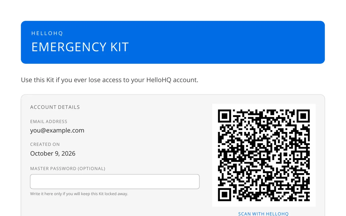 A HelloHQ Emergency Kit: a printable recovery sheet with a QR code and the account details