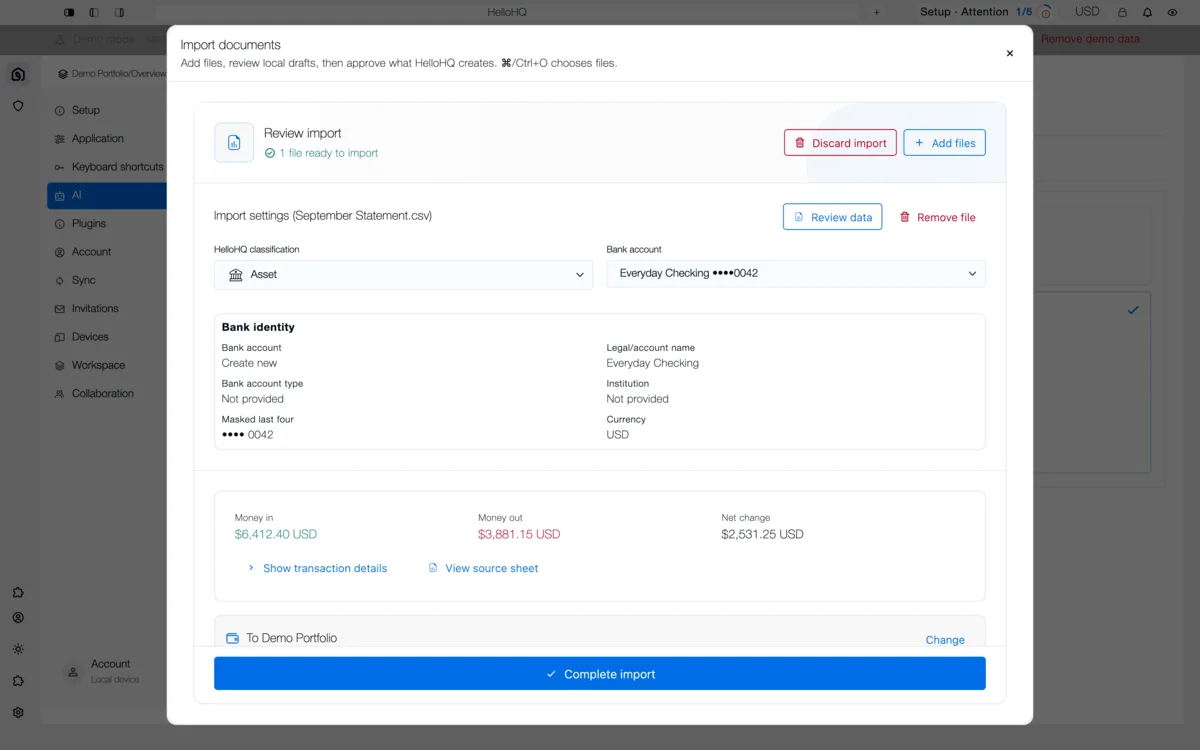 HelloHQ import review showing a bank statement ready to import, with money in, money out and the net change