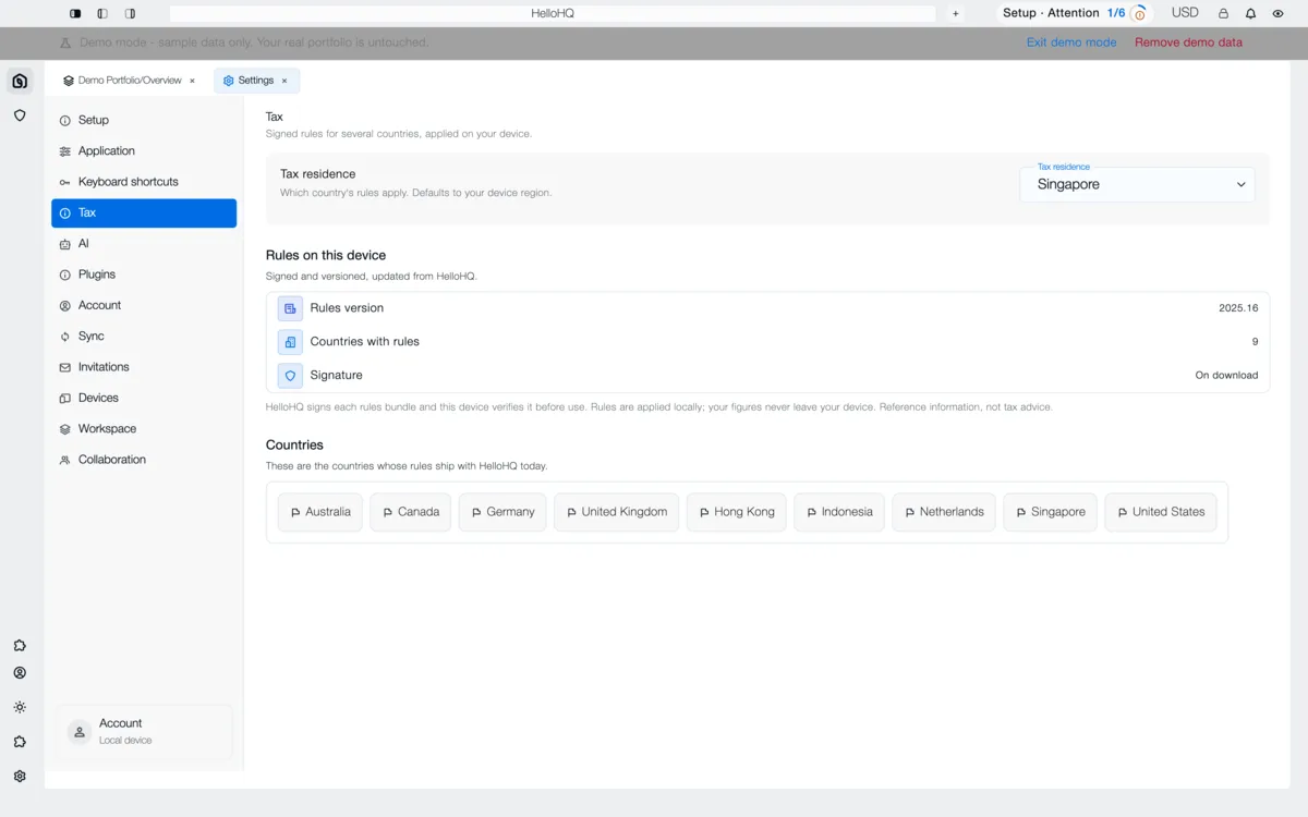HelloHQ Tax settings showing the tax residence and the signed rules version, with the countries whose rules ship today