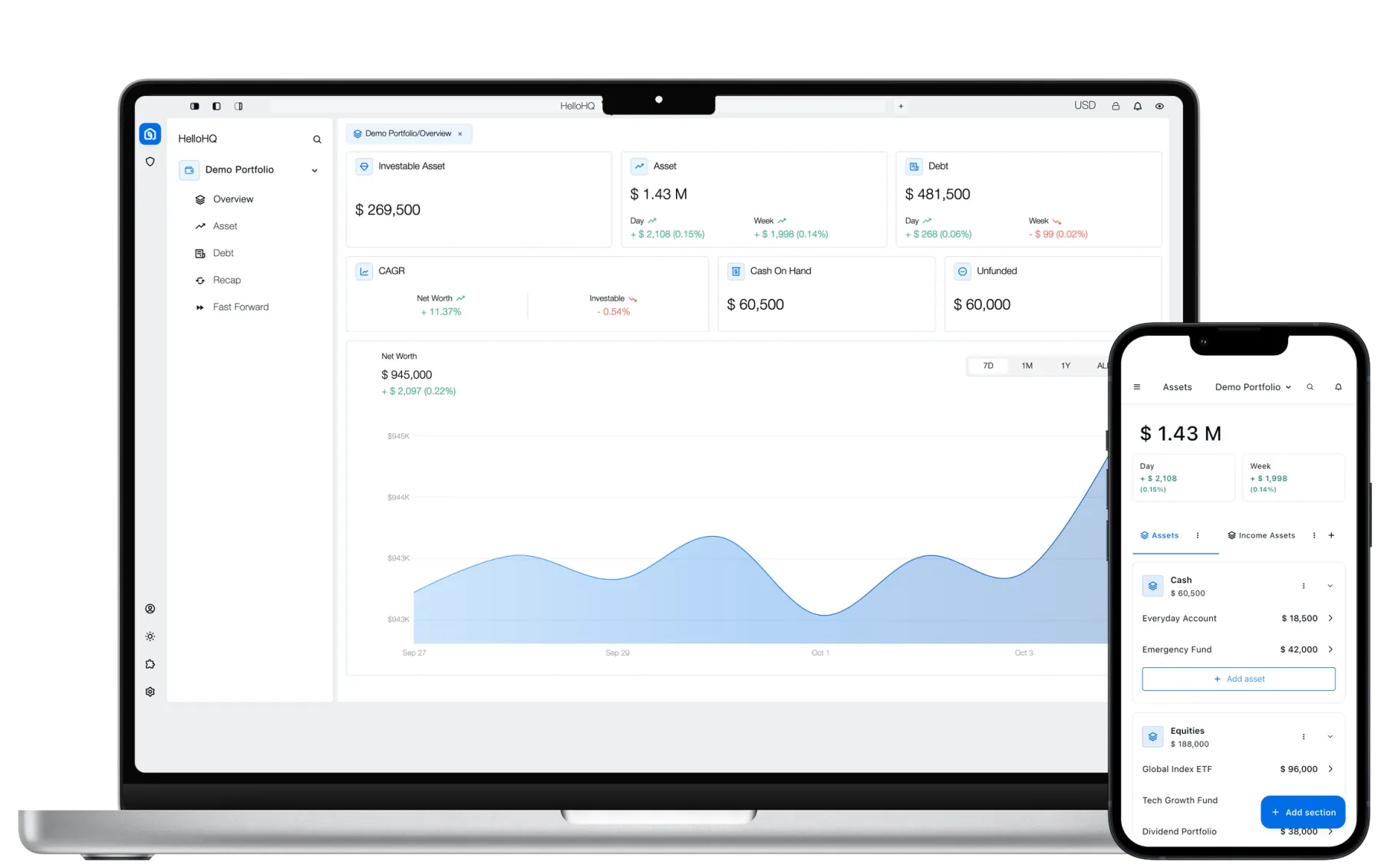 HelloHQ app preview showing the desktop app on a MacBook and the mobile app on an iPhone
