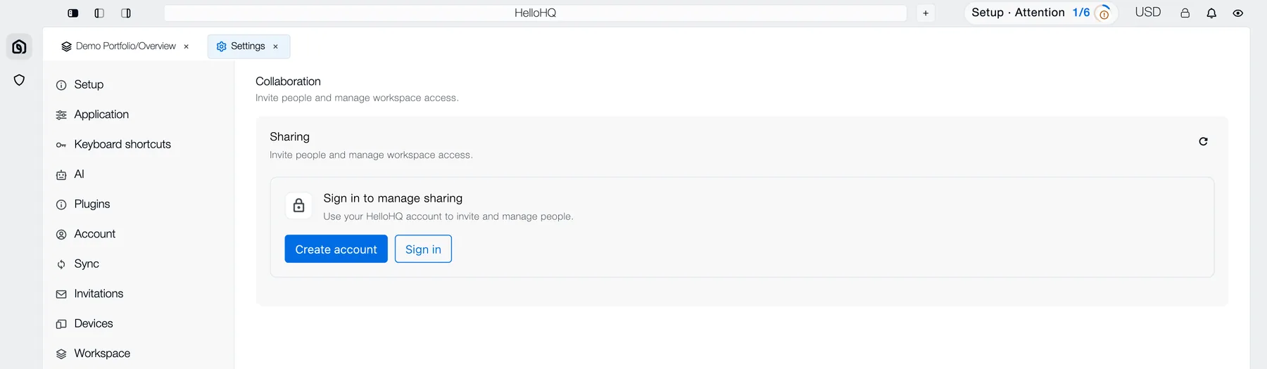 HelloHQ desktop Settings, Collaboration page, where you sign in to invite people and manage workspace access