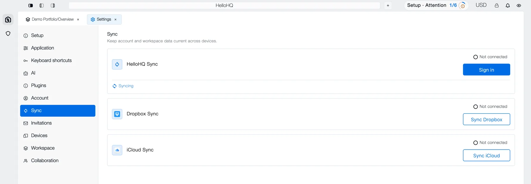 HelloHQ desktop Settings, Sync page, with HelloHQ Sync, Dropbox and iCloud destinations