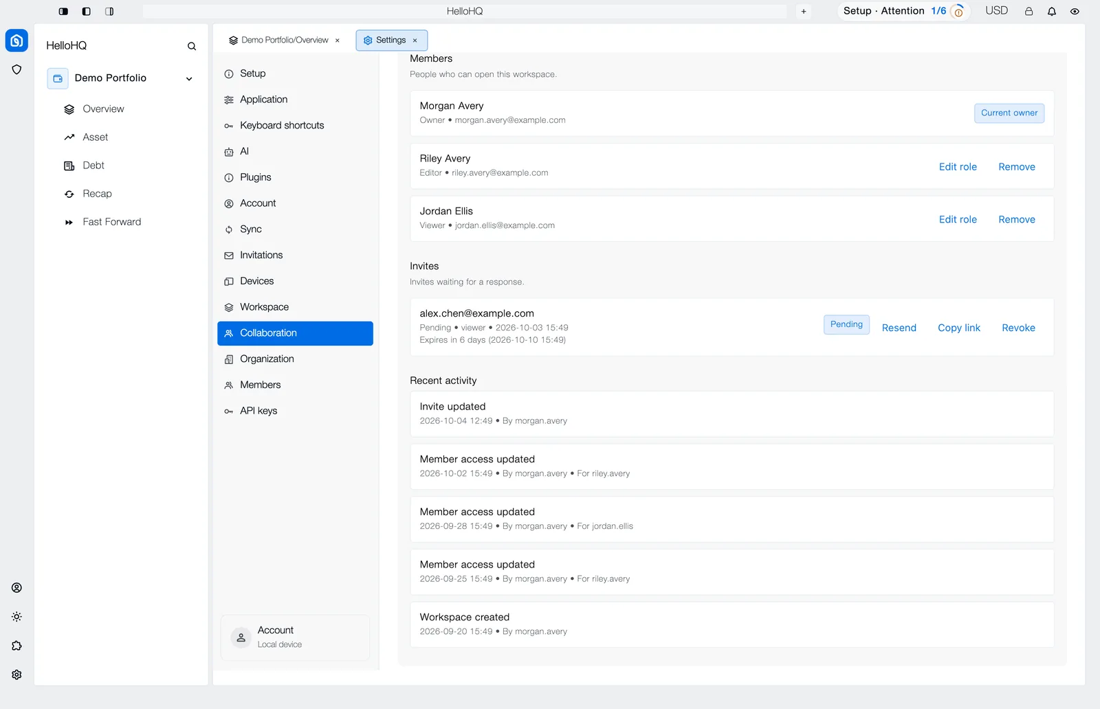 HelloHQ workspace collaboration settings listing the workspace members and their roles, a pending invitation and recent activity